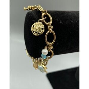 Gold Tone Nautical Ocean Charm Bracelet‎ Sea Turtle Starfish Pearl Coastal 7.5"